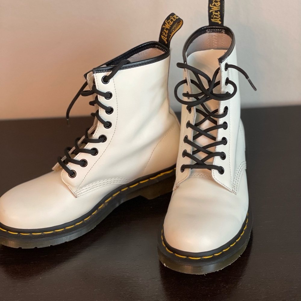 White airwair combat boots from iconic Doc Martens.